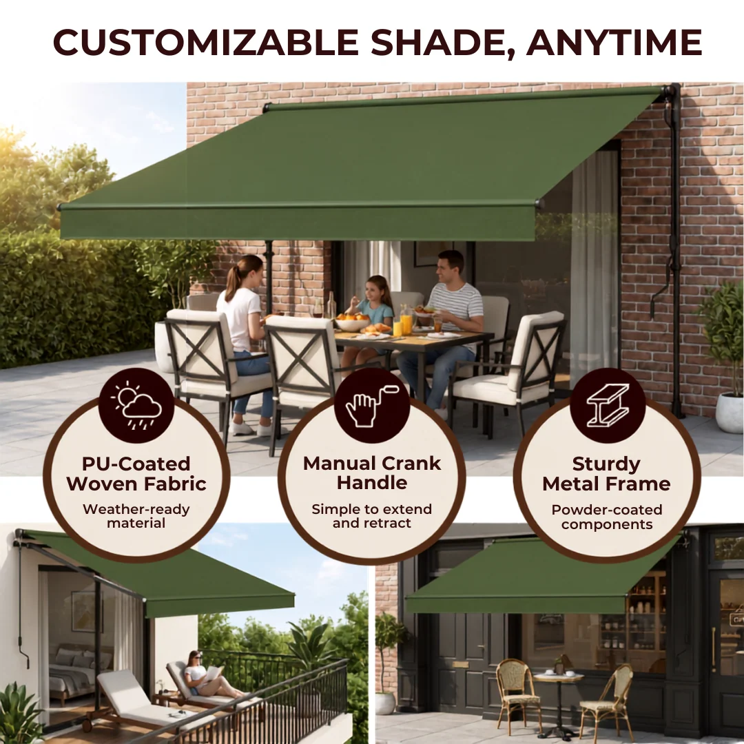 Manual Retractable Patio Awning 118 inch Height Adjustable Shade