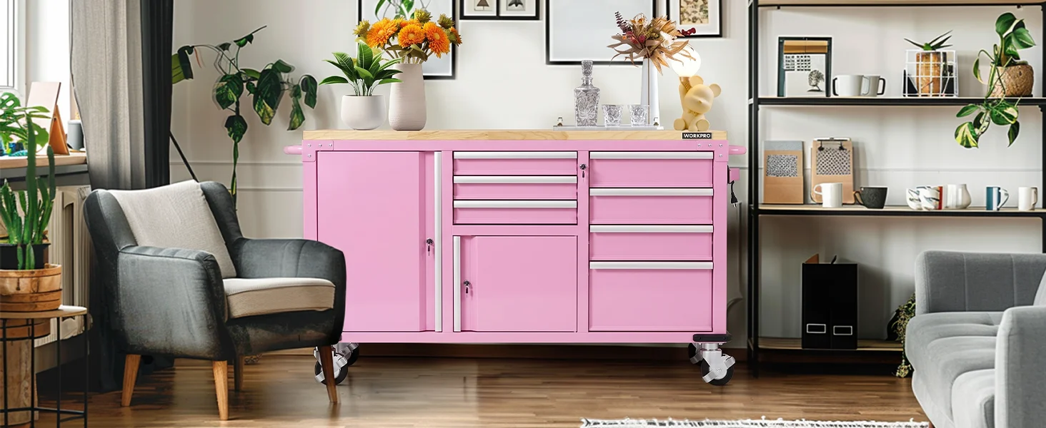 Pink tool cabinet in a bright living room with flowers and chairs, showing innovation and quality in storage