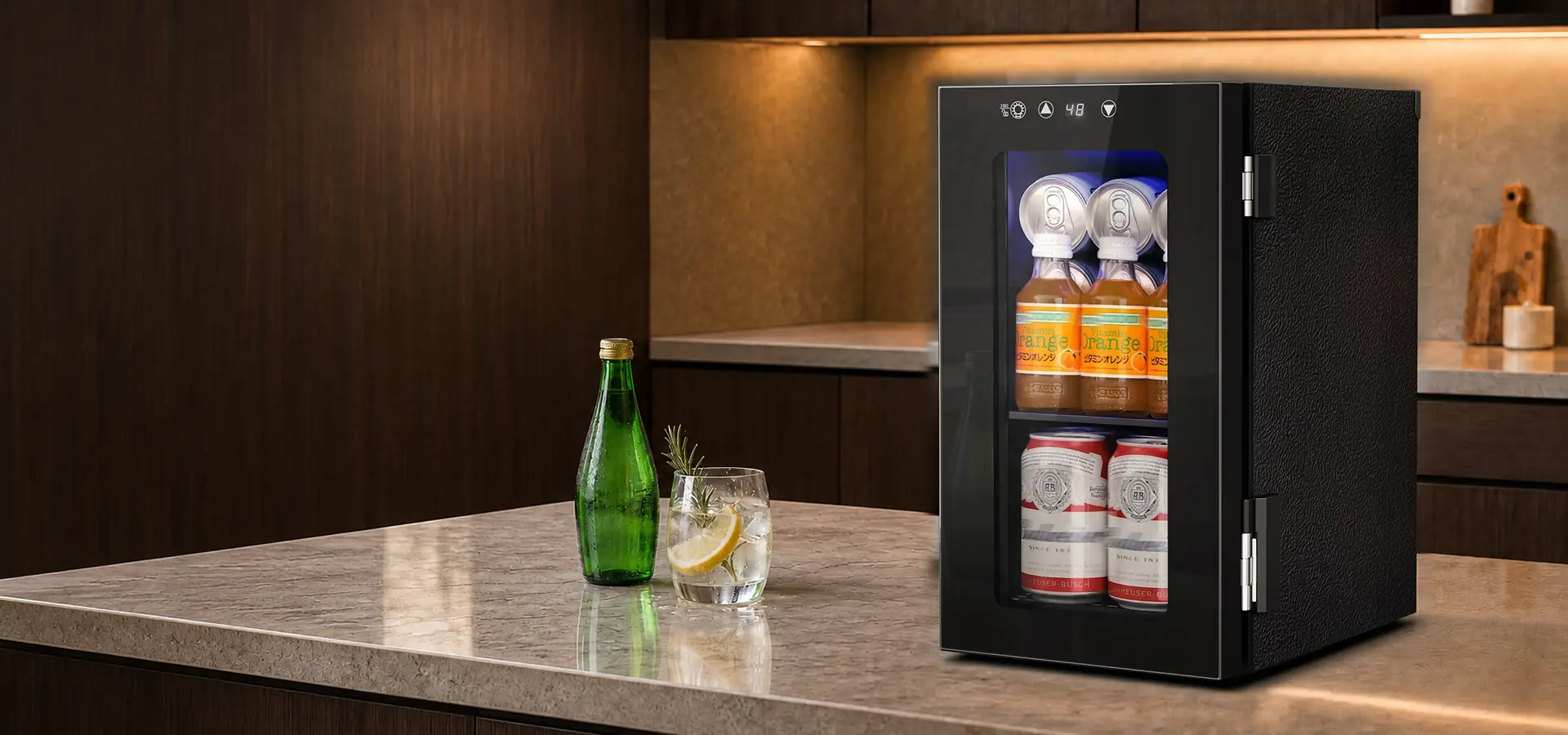 Kismile WC5810 10L mini beverage refrigerator with a glass door on a kitchen countertop