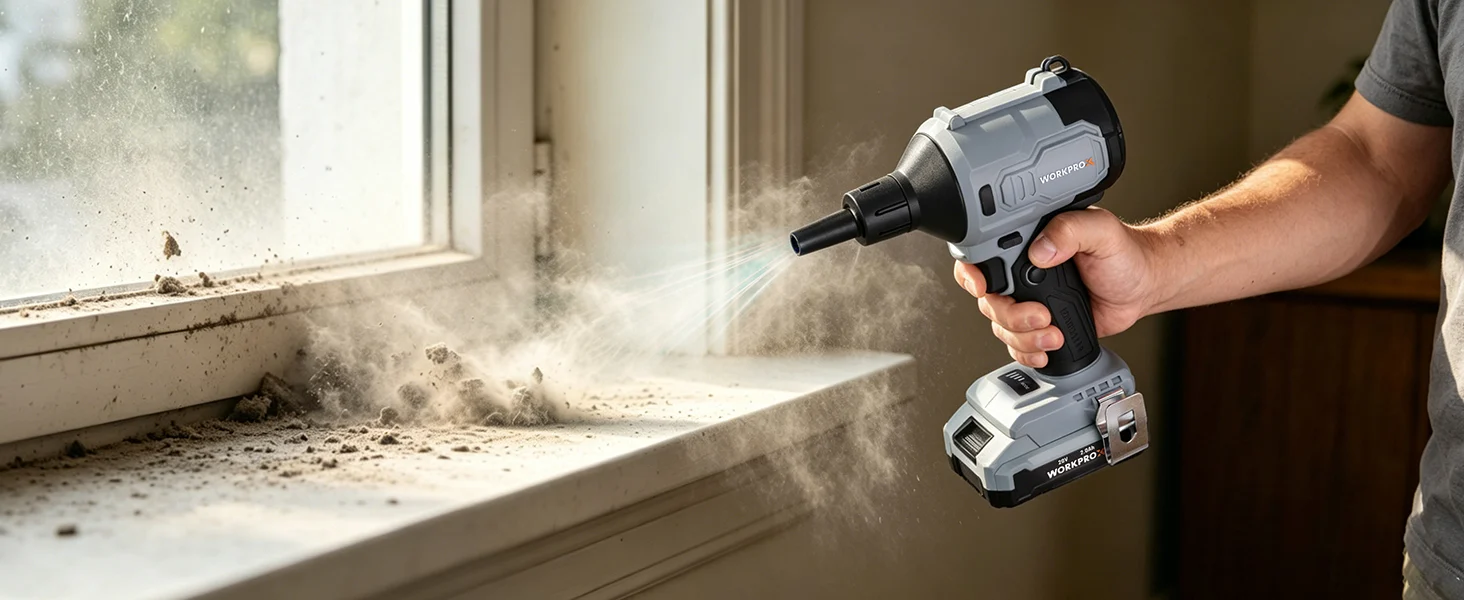 Handheld power tool spraying dust near a window sill, with innovation and quality in a secure, durable design