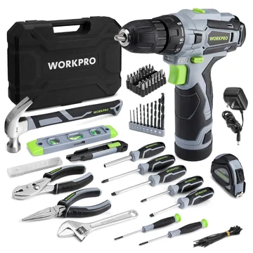 WORKPRO 108-Piece Portable Tool Set with Power Drill, Grey