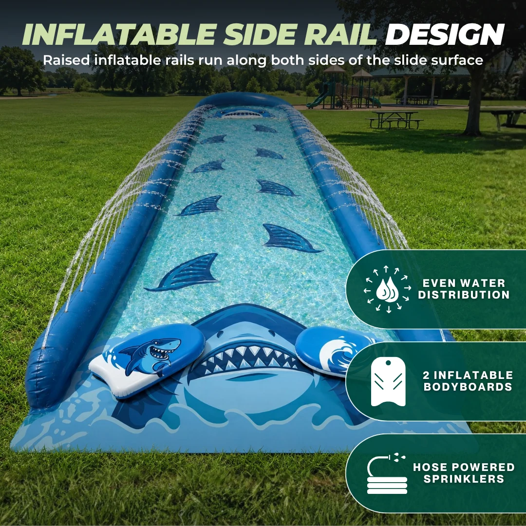30 ft Shark Water Slide with 2 Bodyboards and Built-In Sprinkler
