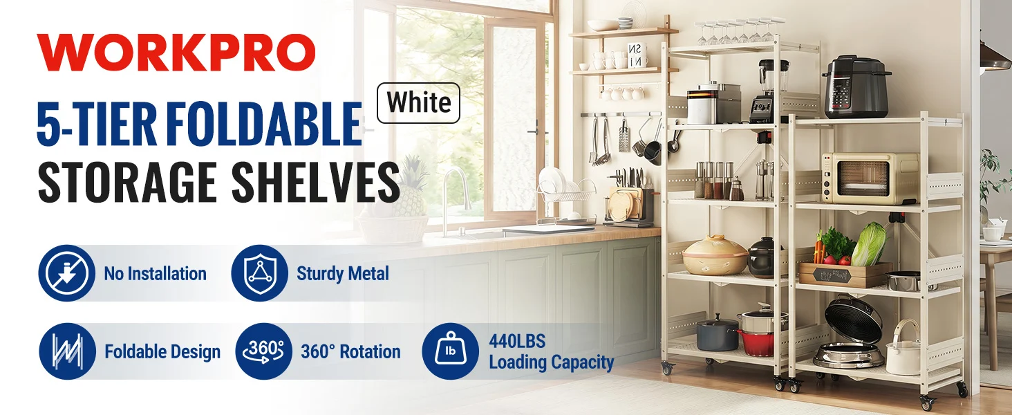 White folding storage shelves with kitchen appliances and cookware in a bright room, with durable metal frame
