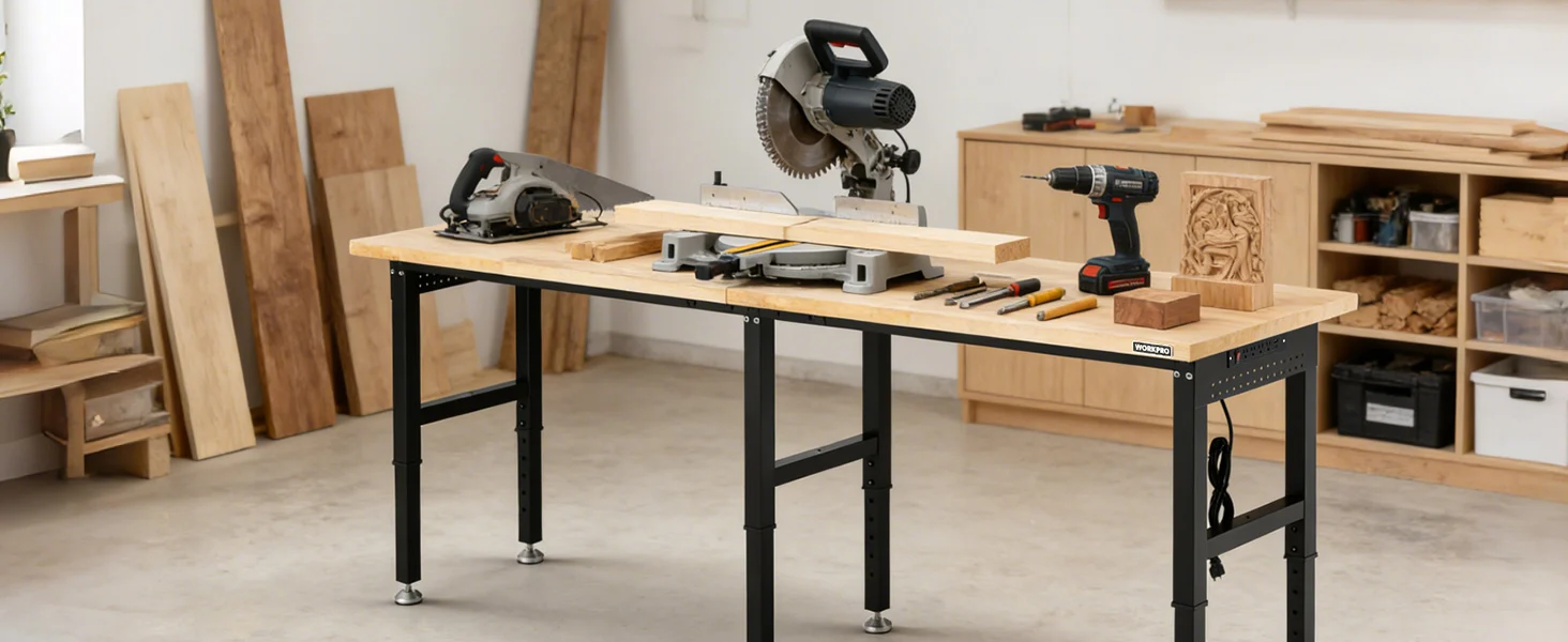 Woodworking workbench in a workshop with tools, showing innovation and quality in a high-quality setup