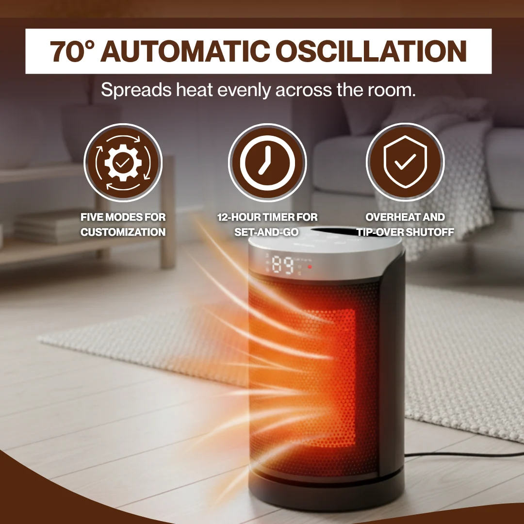 Portable Space Heater with Thermostat, 70° Oscillation & Timer