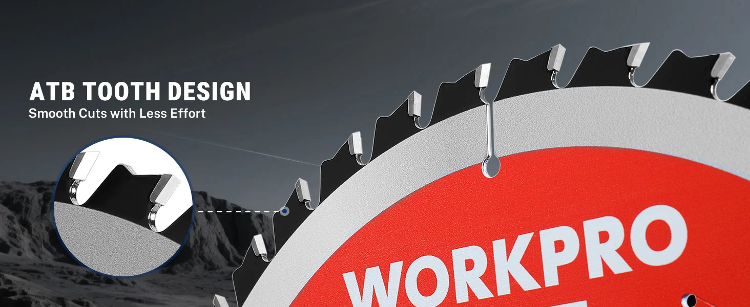 Circular saw blade with red and white WORKPRO label, black teeth, and silver metal segments on dark background