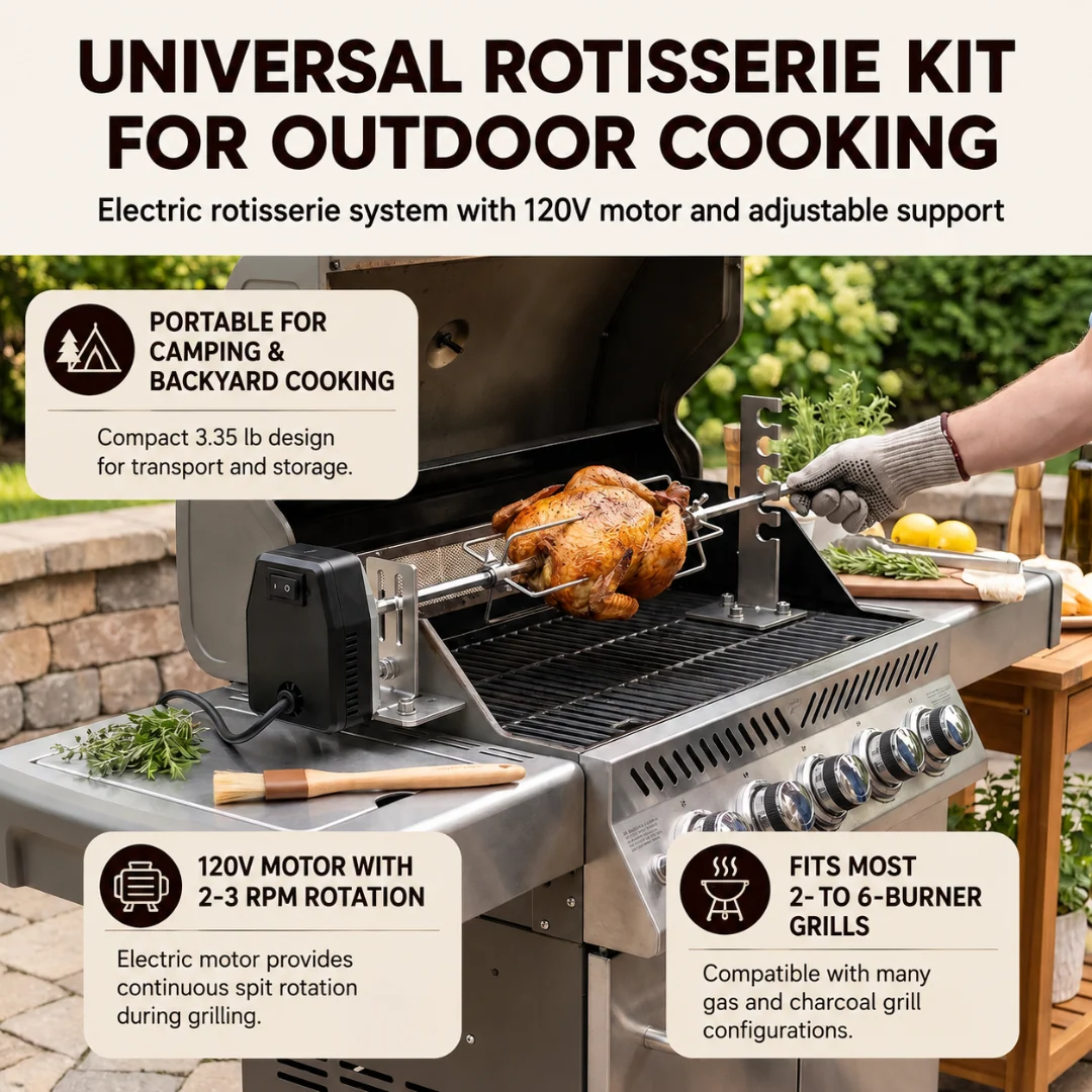 Universal Rotisserie Grill Kit with 120V Motor for Outdoor Grills