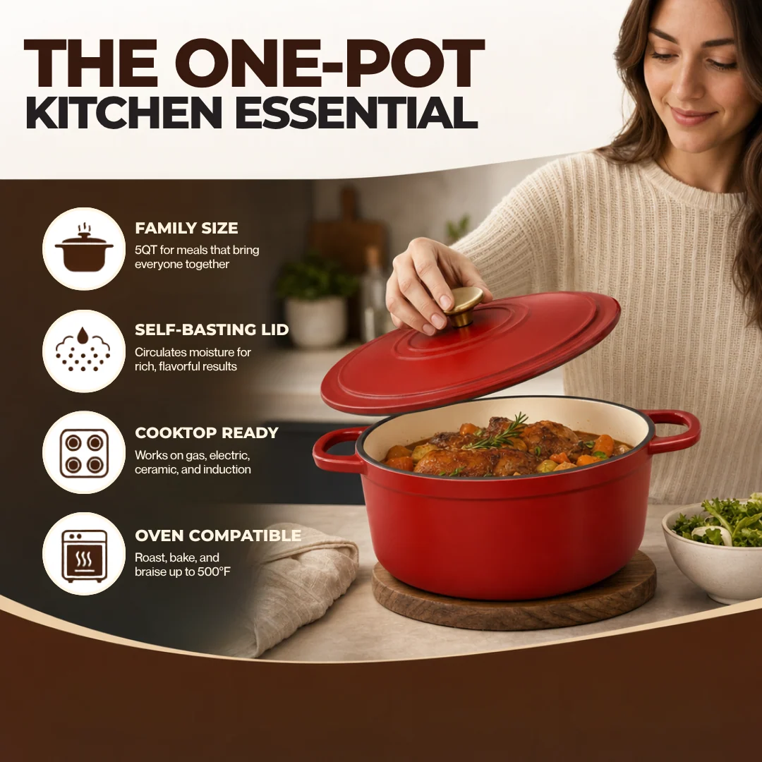 5 Quart Enameled Cast Iron Dutch Oven with Lid for Baking & Braising