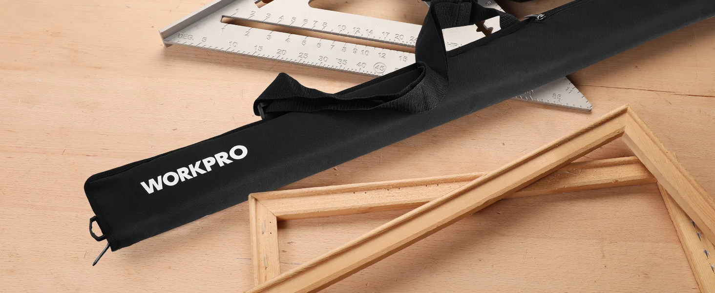 Workpro tool bag on a wooden workbench with measuring rulers and a wooden frame, showing innovation and quality