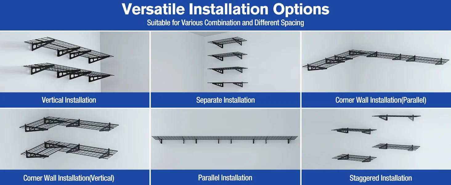 Ceiling cable tray installation options shown in panels, with vertical, separate, corner, and parallel layouts