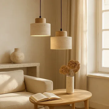 Elegant Cylindrical Pendant Light Crafted from Natural Stone