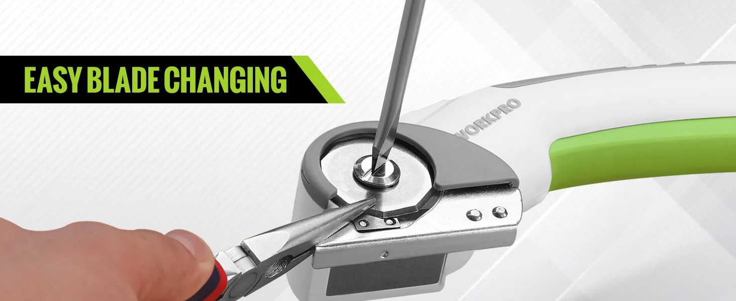 Hand changing a blade on a handheld tool, showing an innovation and quality mechanism with secure, durable parts