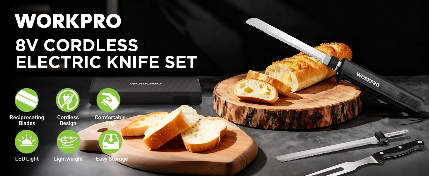 Electric knife set with innovation and quality shown cutting bread on a wooden board, with secure grip