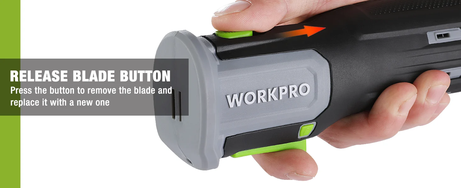 Hand pressing a release blade button on a Workpro tool, showing innovation and secure blade replacement