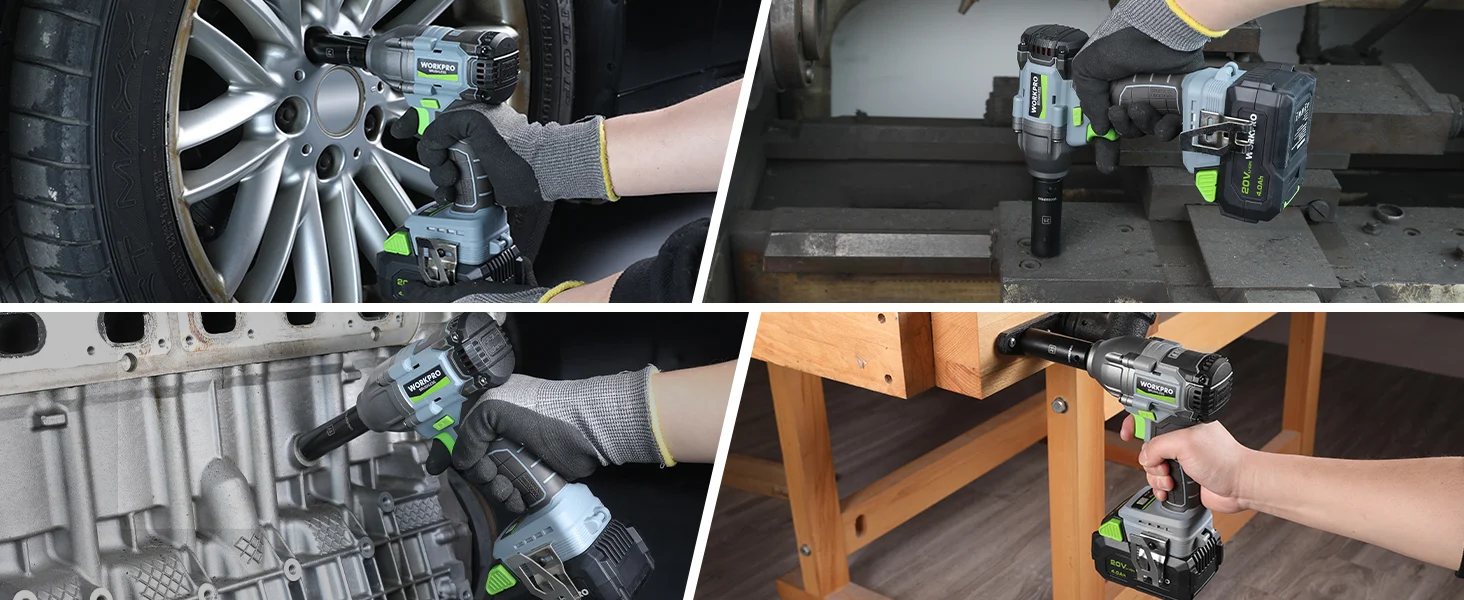 Worker using a cordless power drill with innovation and quality on a car wheel and wooden furniture