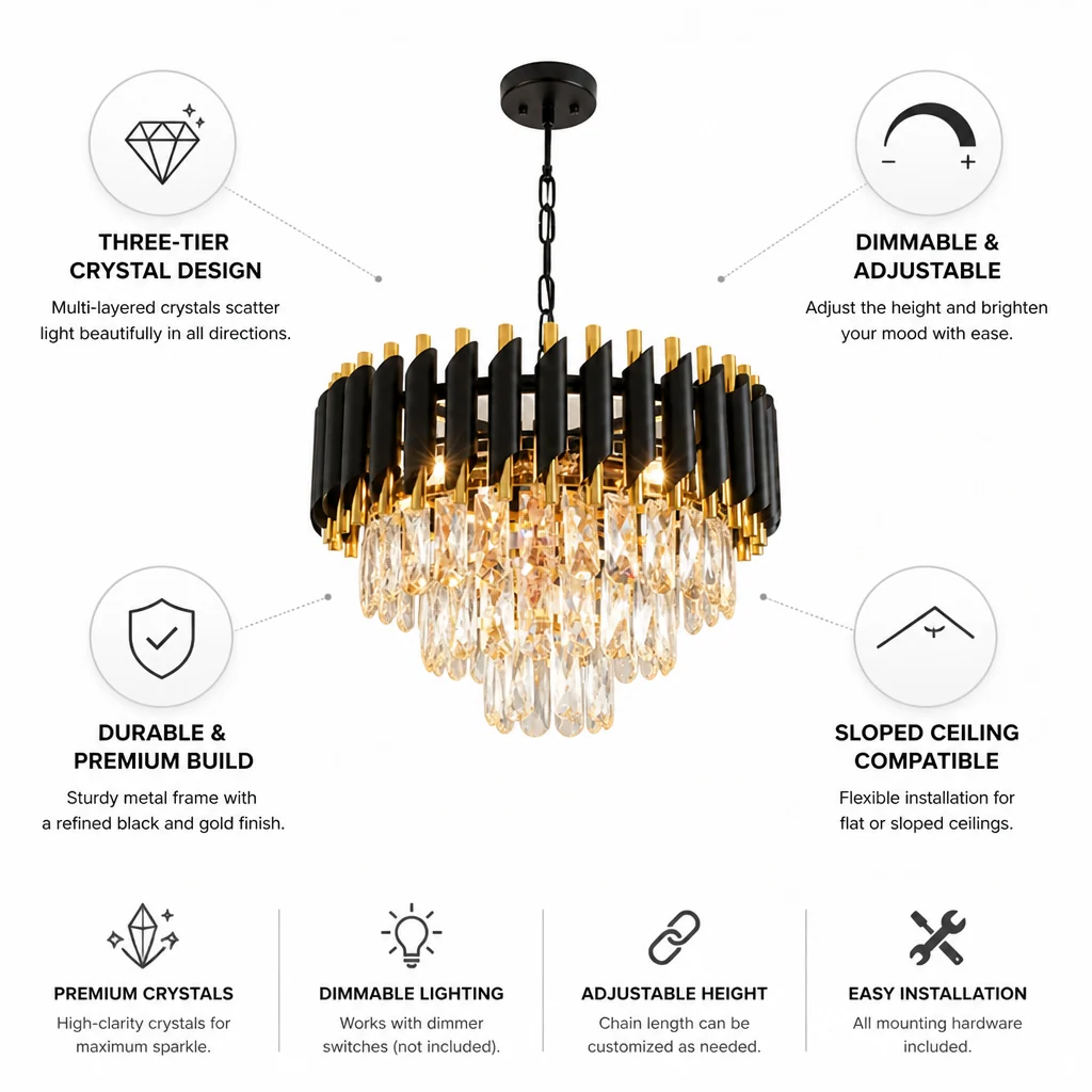 Dimmable Three-Tier Crystal Chandelier (Adjustable Height) - Image 4