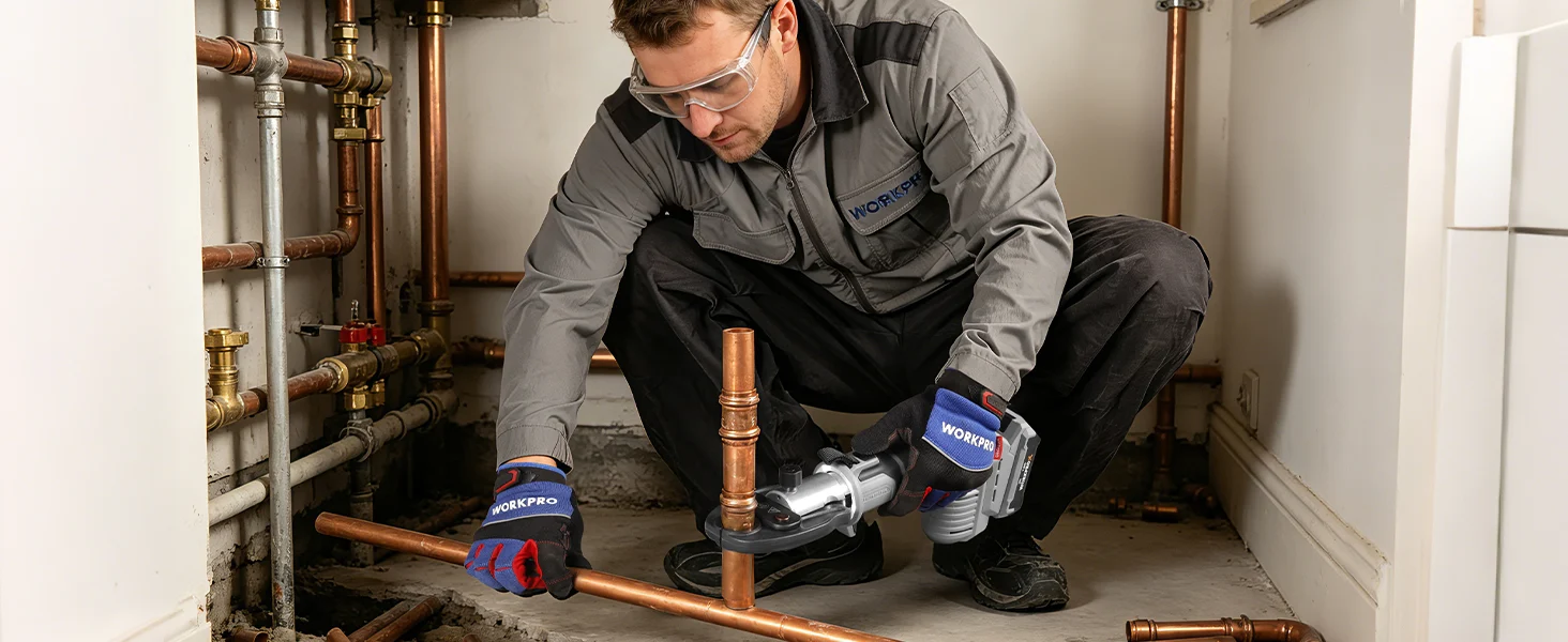 Plumber kneeling in a utility room, working on copper pipes with a power tool and wearing gloves