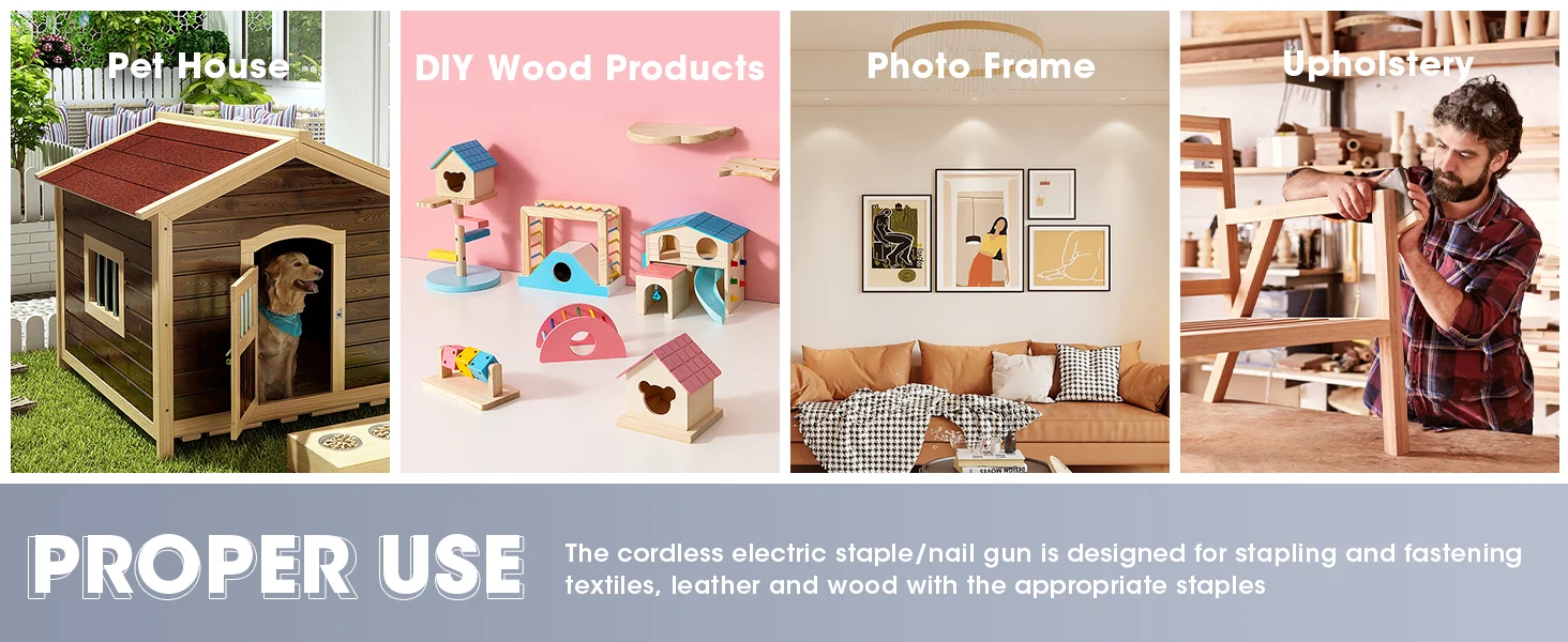 Home DIY projects collage with a dog house, photo frame, upholstery workshop, and innovation in quality materials