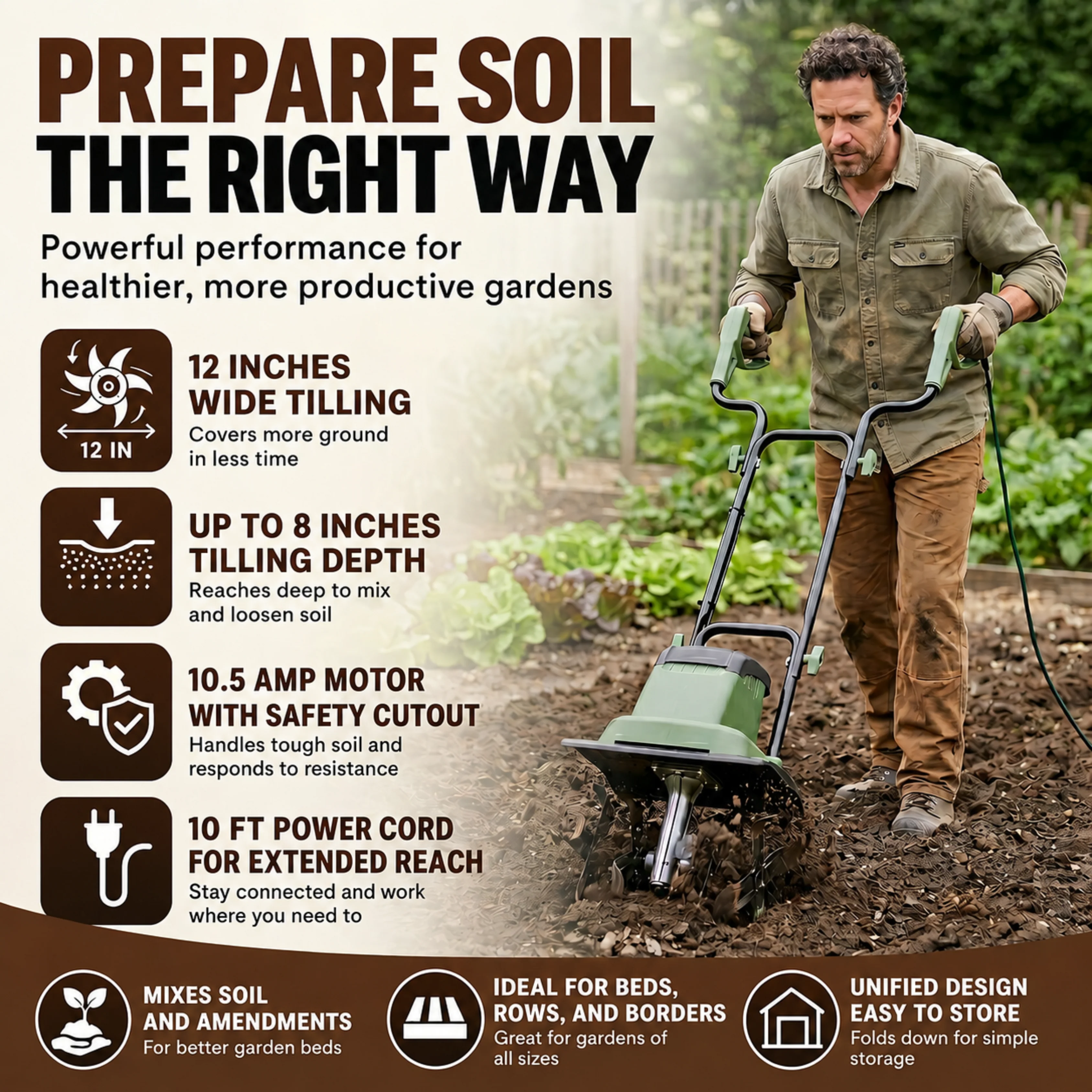 Corded AC Garden Tiller Cultivator 10.5 Amp Soil Rotating System