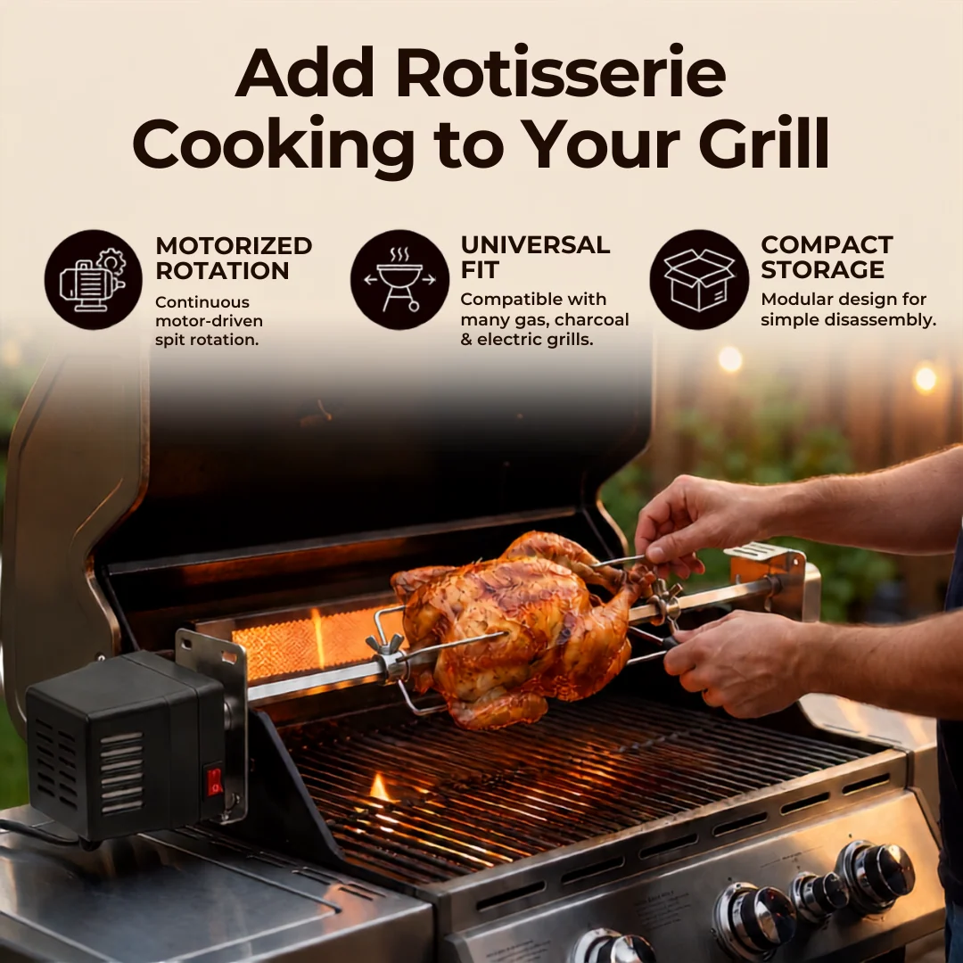 Universal Rotisserie Grill Kit with 28-Inch Spit Rod Motor Set