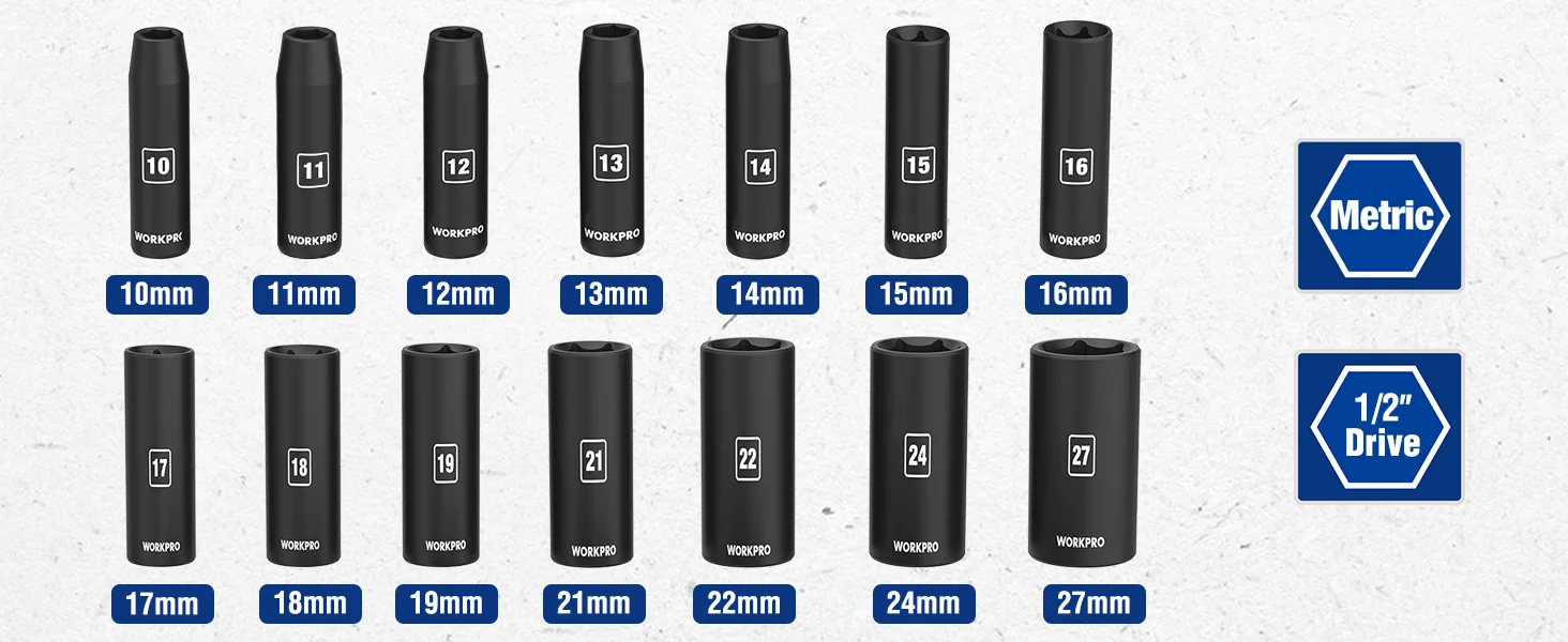Set of black socket extensions labeled 10mm through 27mm with Metric and 1 2 Drive icons