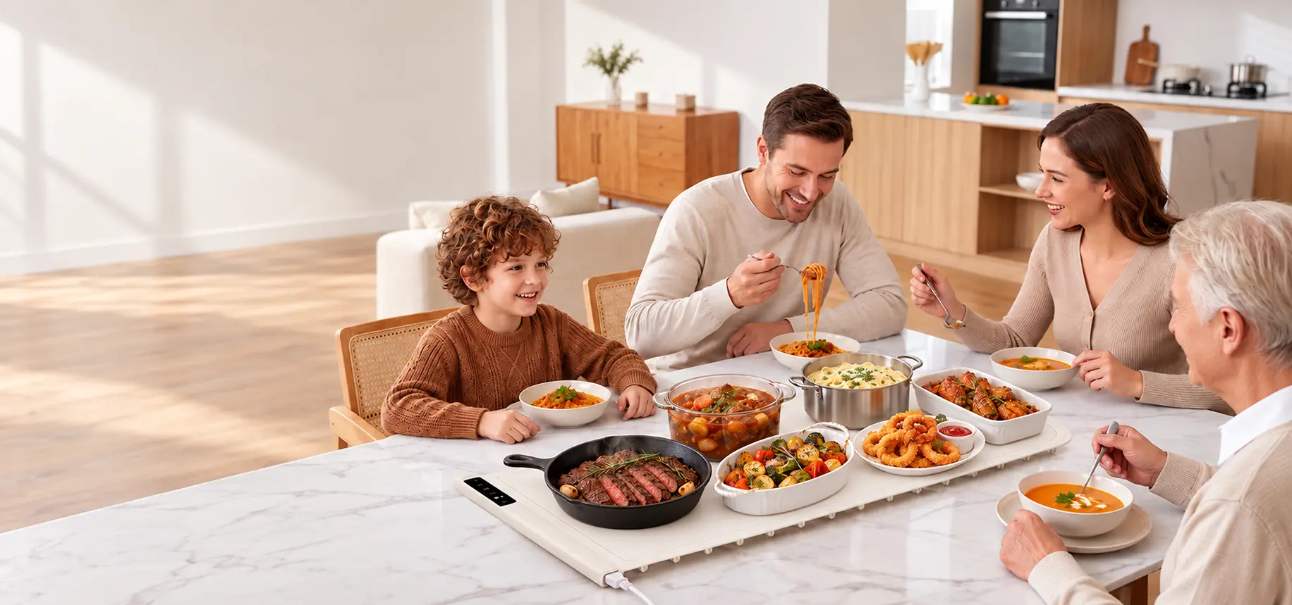 Kismile food warming mat holding shared dishes as a family enjoys a meal together