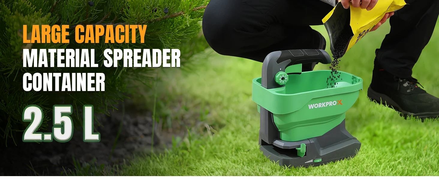 Garden spreader with green hopper dispensing seeds on grass, with innovation and quality shown in the design