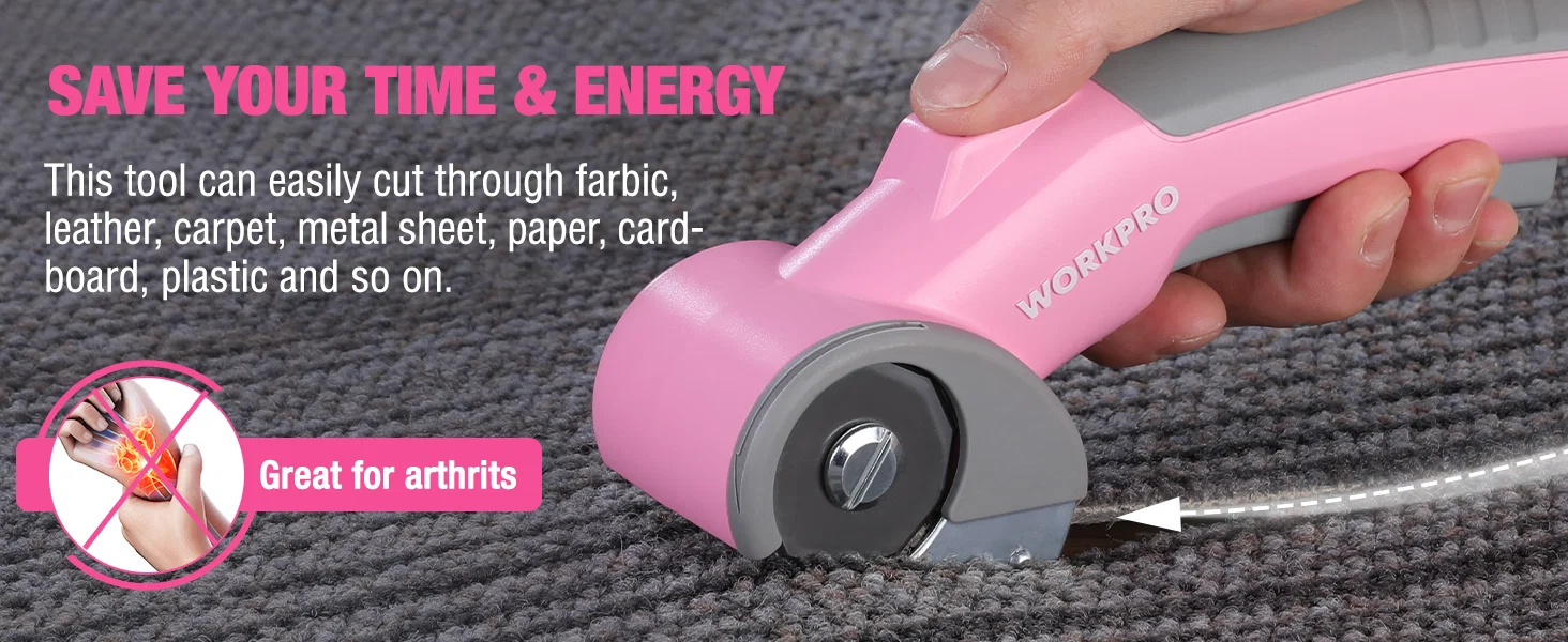 Hand holding a pink WorkPro tool on gray carpet, with innovation and quality shown in the text overlay
