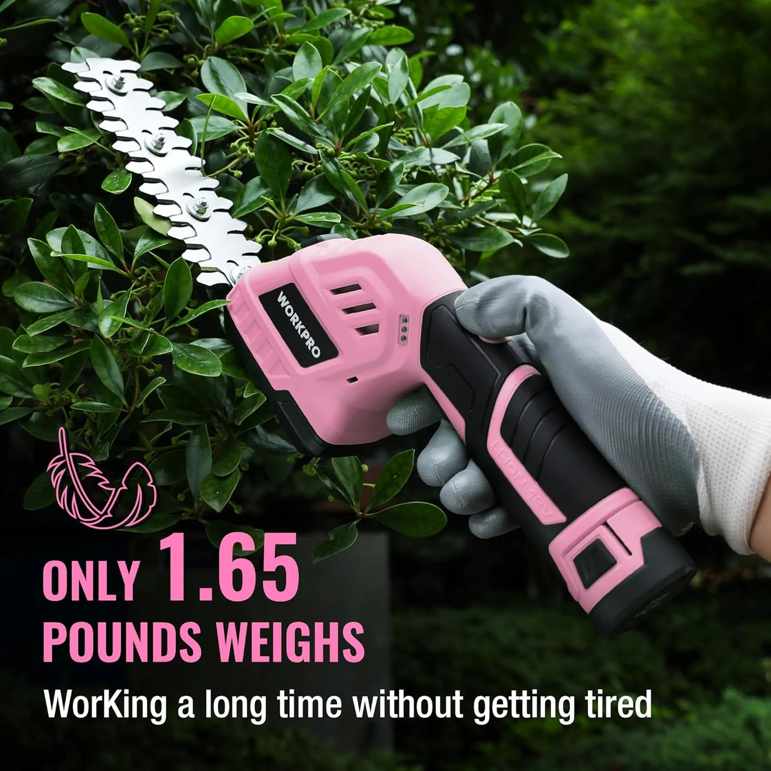 WORKPRO 12V Cordless 2 in 1 Handheld Cordless Grass Shear & Shrubbery Trimmer with 2.0Ah Rechargeable Lithium-Ion Battery &1 Hour Fast Charger - Pink Ribbon - Image 6