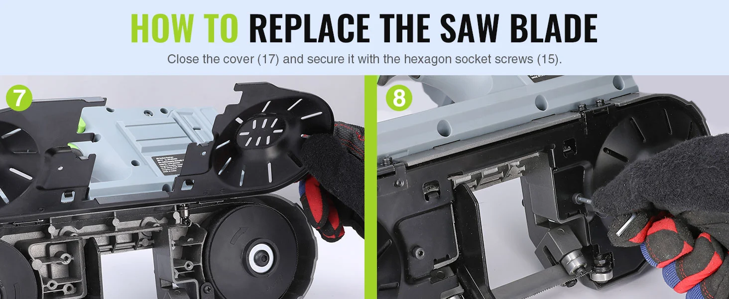Power tool repair steps showing a saw blade housing with screws and a gloved hand securing the cover