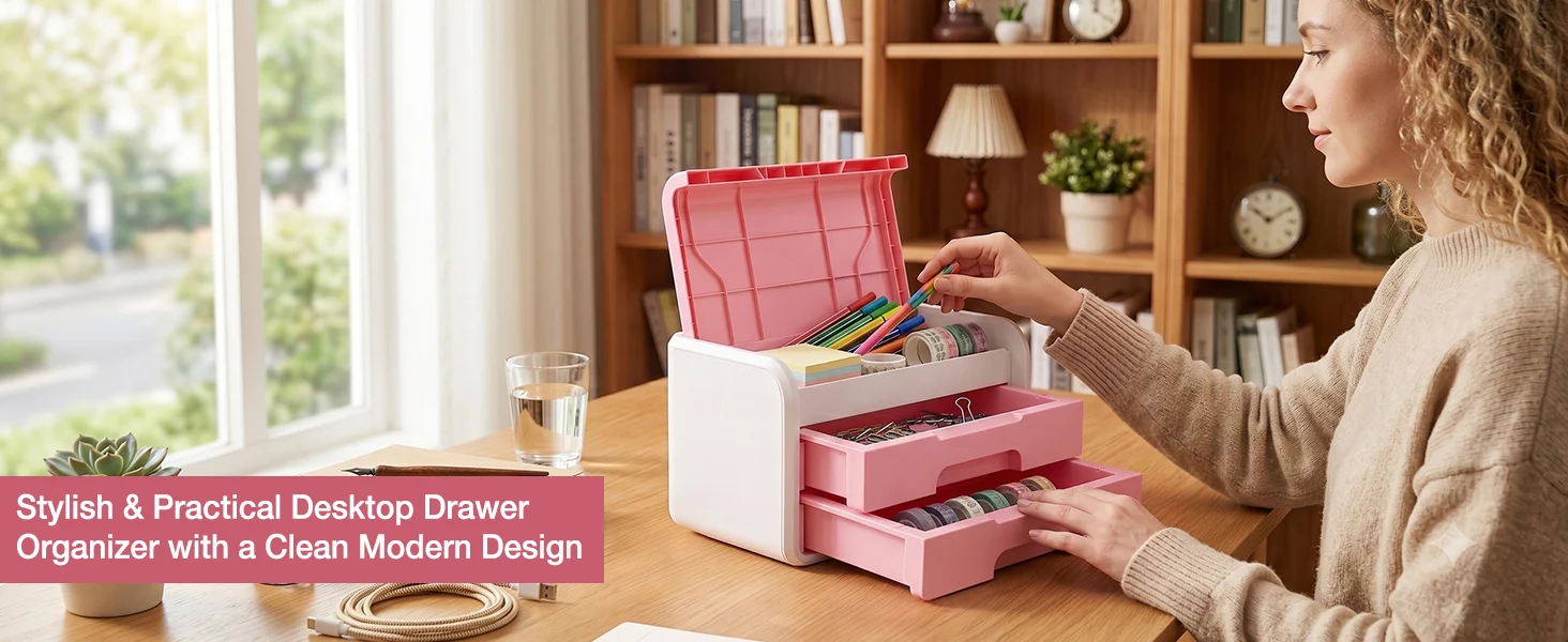 Woman organizing a desktop drawer organizer with colored markers and papers on a wooden table in a bright room