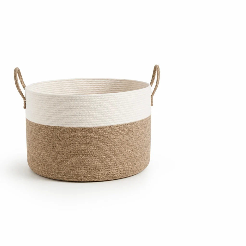 Woven Storage Basket Large Round Two-Tone Built-In Handles - Image 2