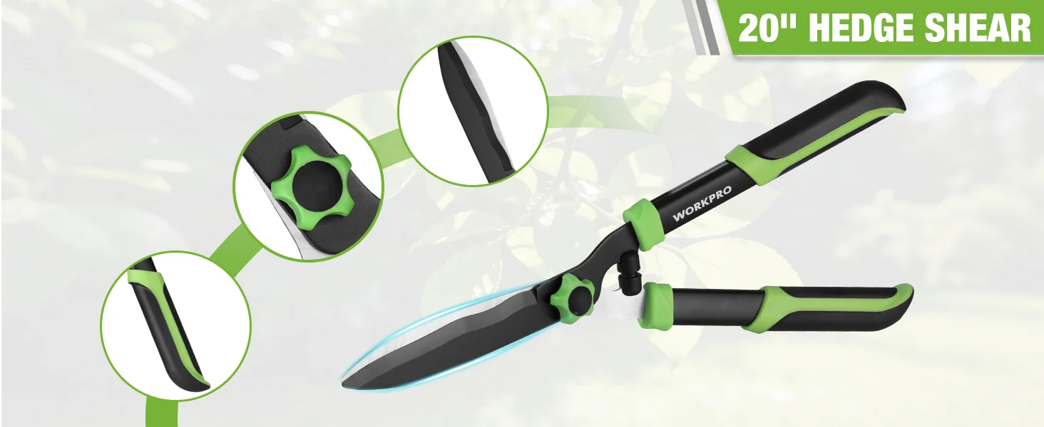 Innovation and quality shown on a high-quality hedge shear with secure grip and durable blades, green and black
