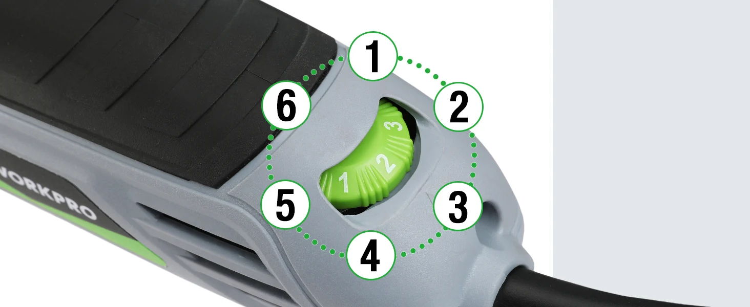 Power tool handle with green dial, numbered diagram callouts showing innovation, quality, and durable design details
