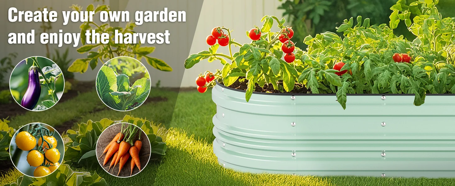 Raised garden planter with leafy vegetables and tomatoes in a backyard, showing innovation and durable quality