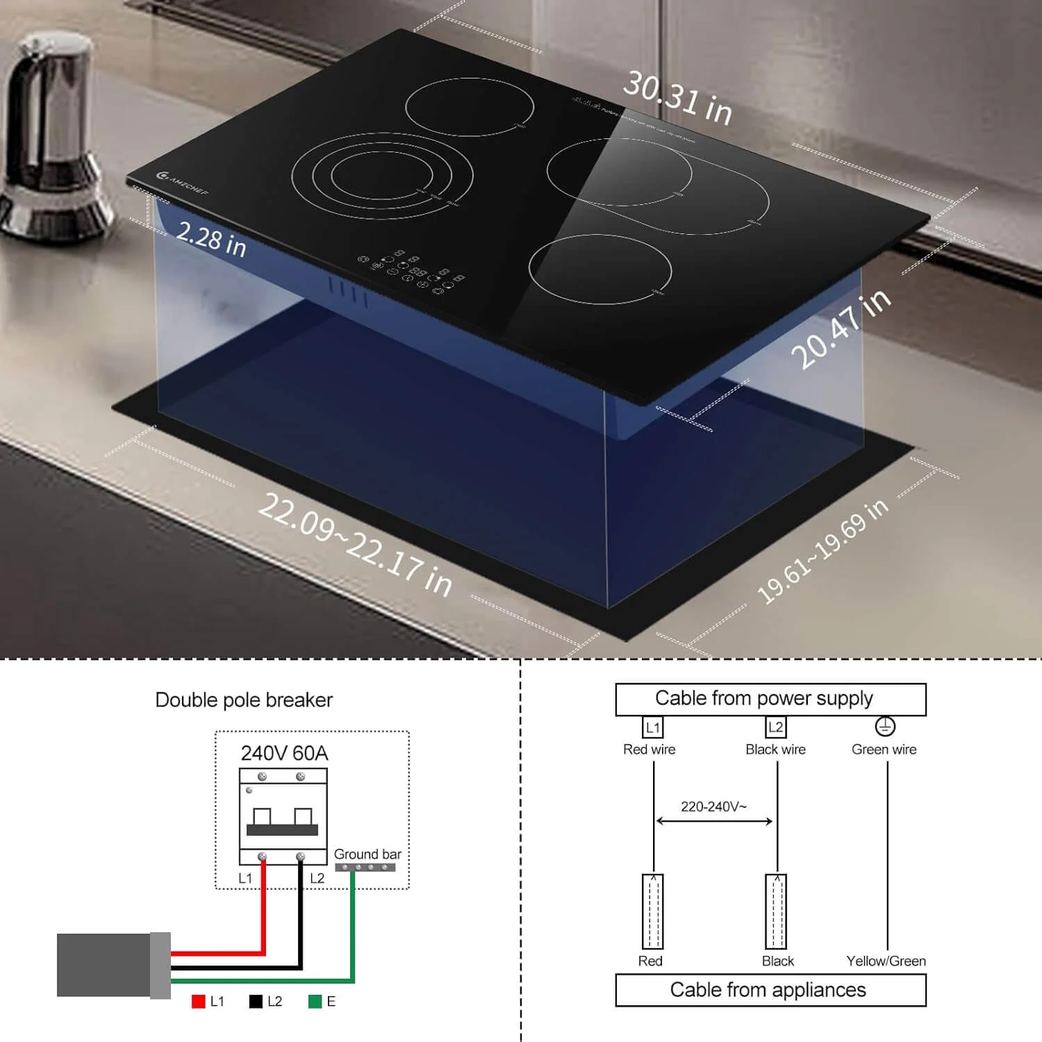 AMZCHEF Induction Range 30 Inch Built-in Countertop with 4 Burners 6700W 3