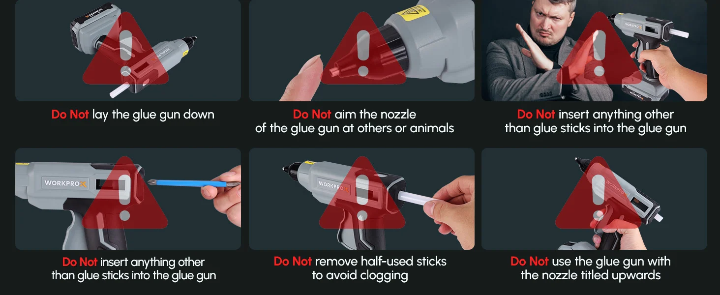 Safety instructions for a glue gun, showing warnings not to aim at people, insert other items, or tilt the nozzle
