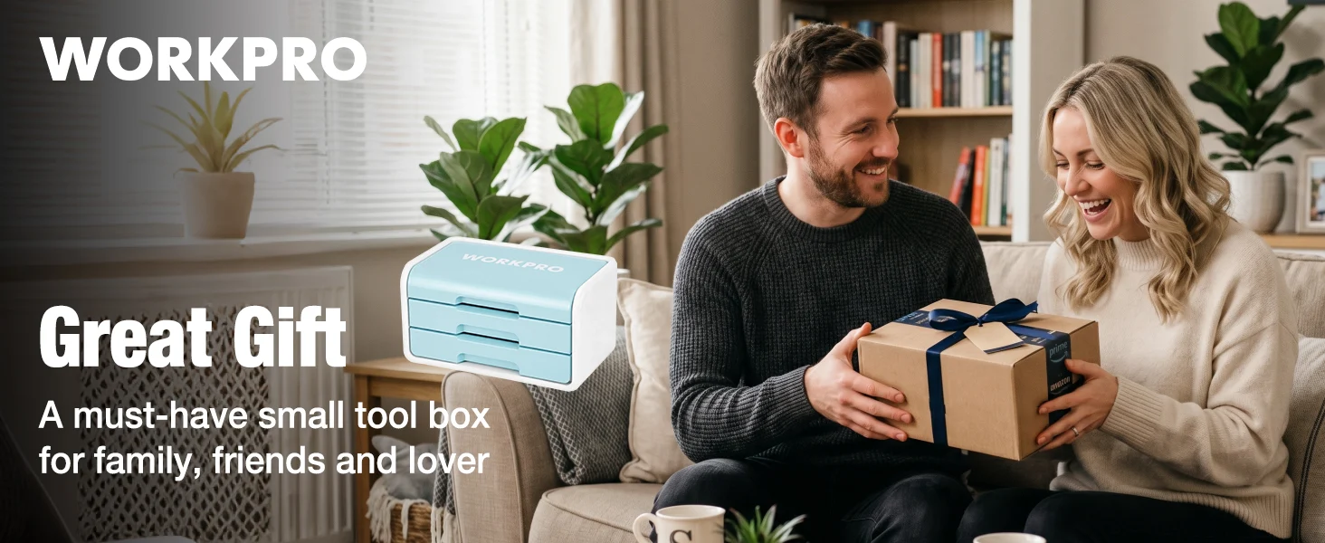 Couple on a sofa opening a boxed gift with a blue tool case in a living room, workpro innovation quality