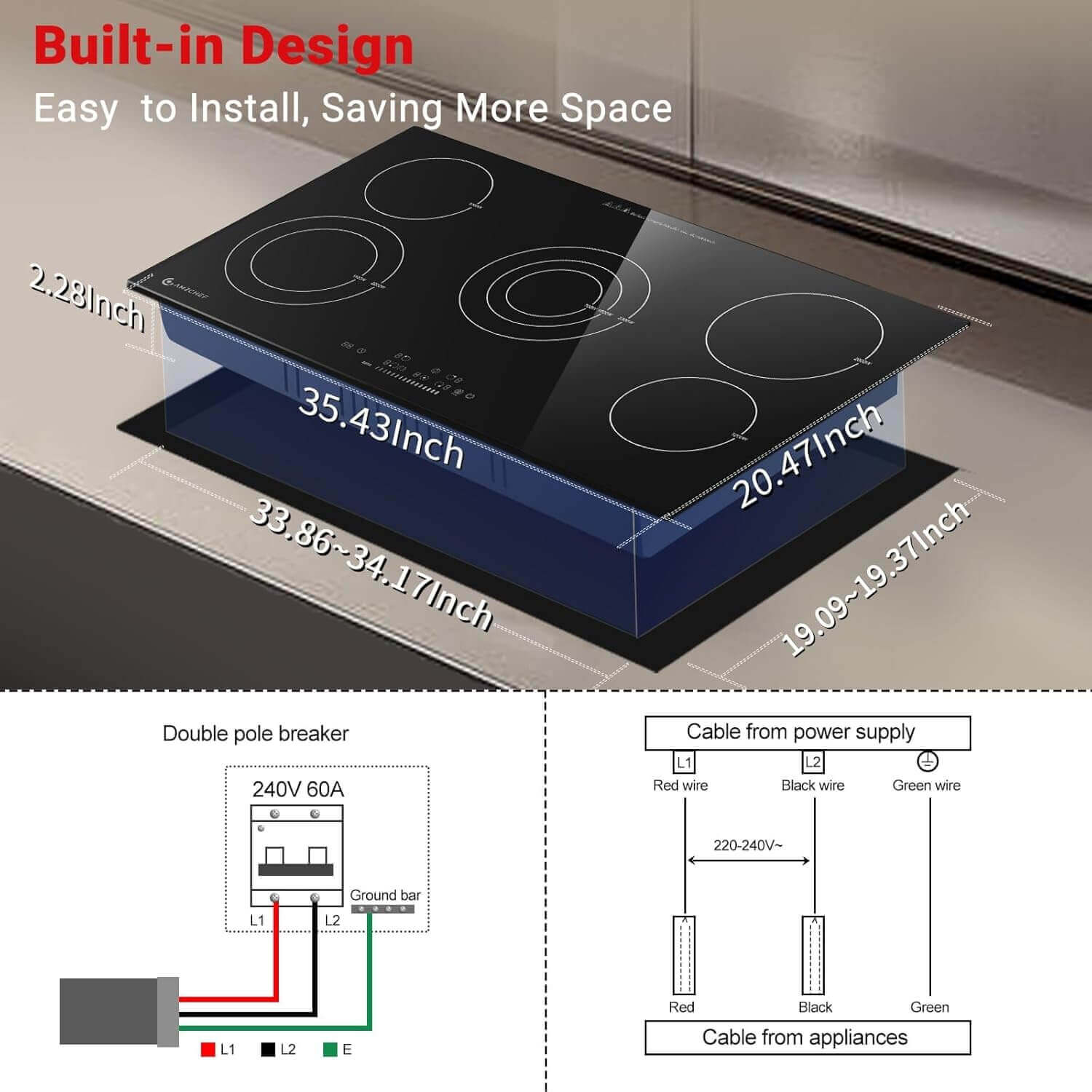 AMZCHEF 36" Upgraded 8900W Electric Cooktop 5 Burner Touch Control Built-in Ceramic Stove 2