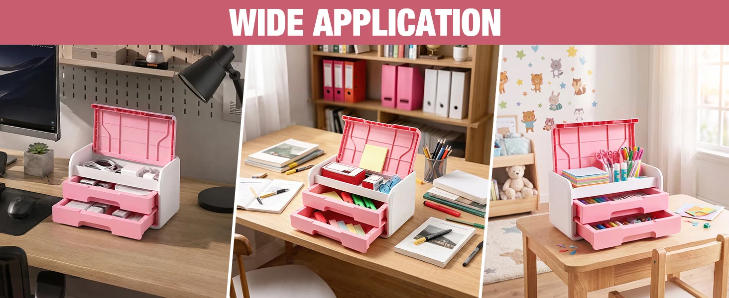 Wide application desk organizer with pink compartments, showing innovation and quality in a secure, durable setup