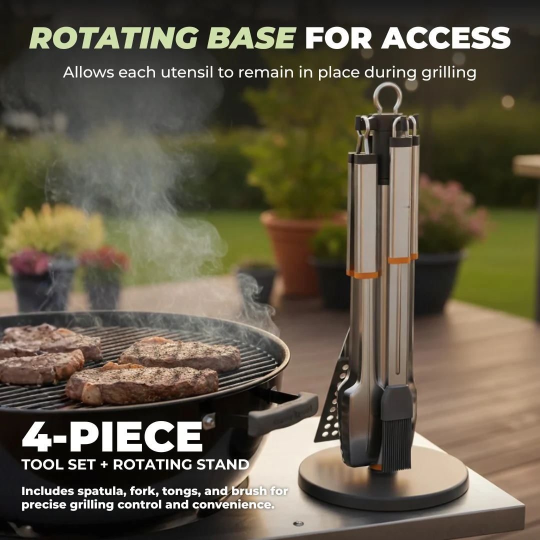 4-Piece Stainless Steel BBQ Tool Set with Rotating Stand Holder