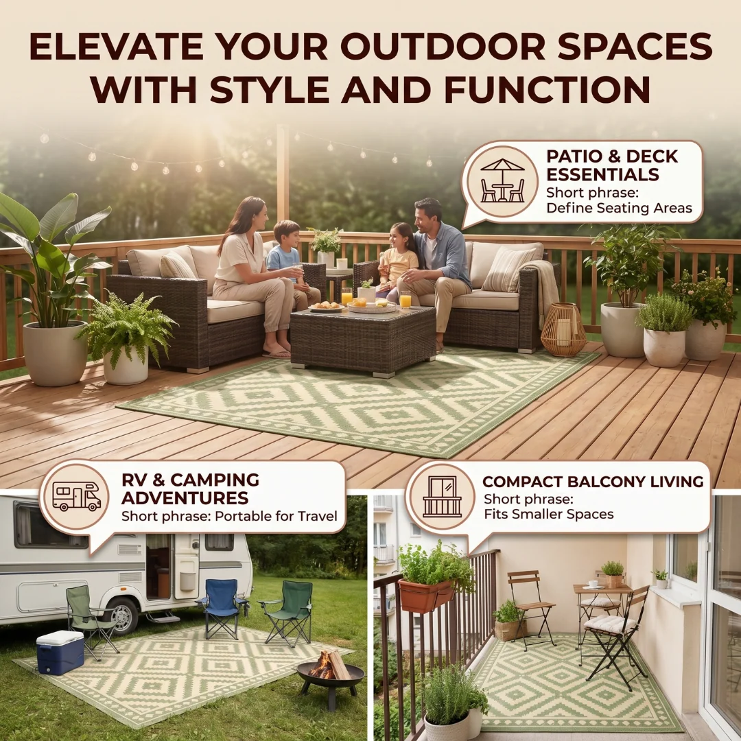 5x8 ft Reversible Outdoor Polypropylene Rug for Patio Porch Deck