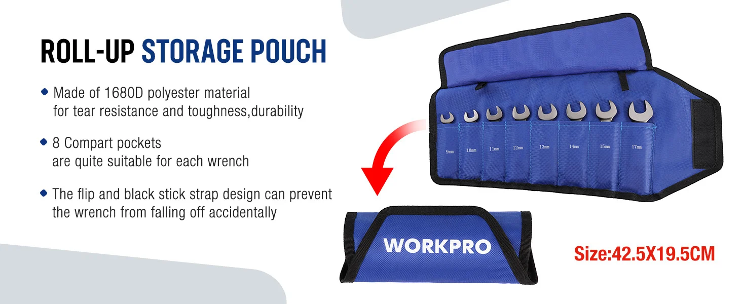 Roll up storage pouch with blue fabric pockets and strap, showing innovation, quality, high-quality, durable design