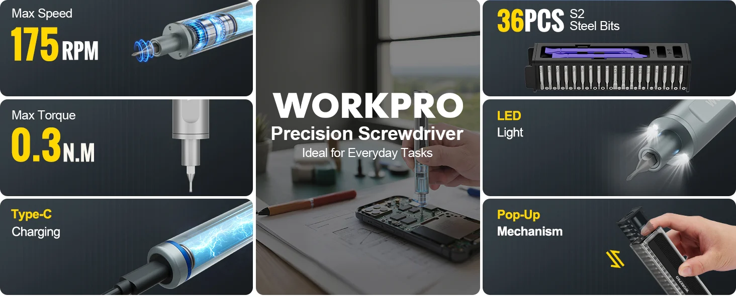 WORKPRO precision screwdriver with max speed 175 RPM, max torque 0.3 N.M, Type C charging, LED light