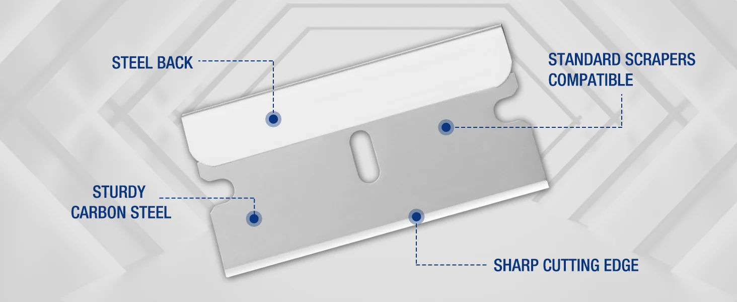 Carbon steel scraper with steel back, sharp cutting edge, and secure compatible design labels