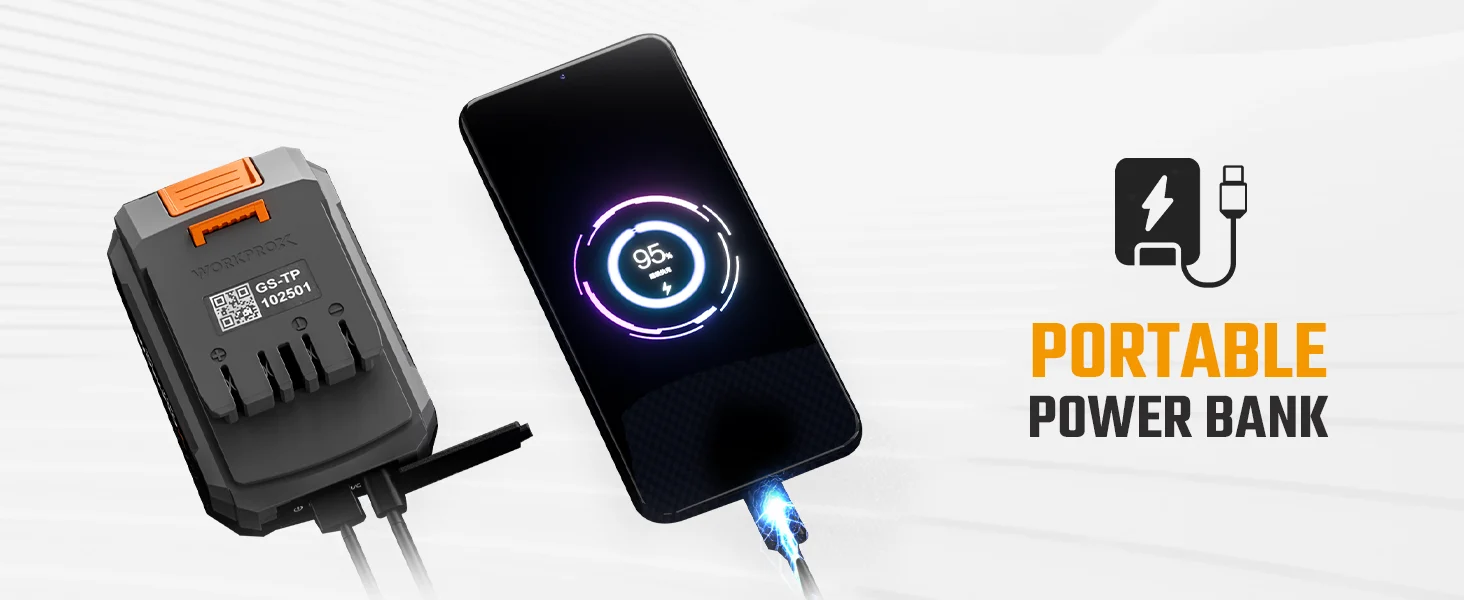 Portable power bank setup with a charging cable, smartphone screen showing 95 percent, and device icons