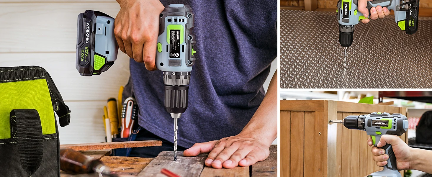 Hand drilling wood with a cordless power drill, showing innovation, quality, and secure, durable work setup