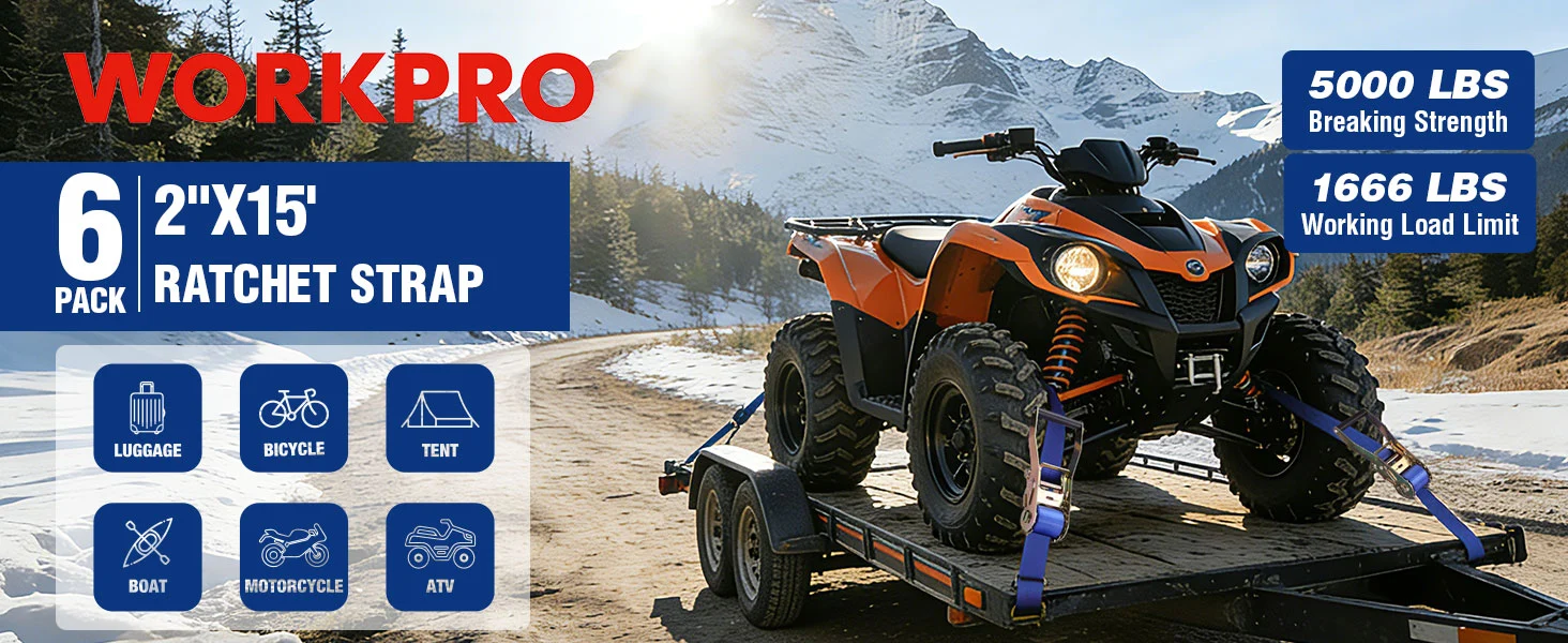 ATV on a trailer in snowy mountains with ratchet strap pack text, showing 5000 LBS and 1666 LBS