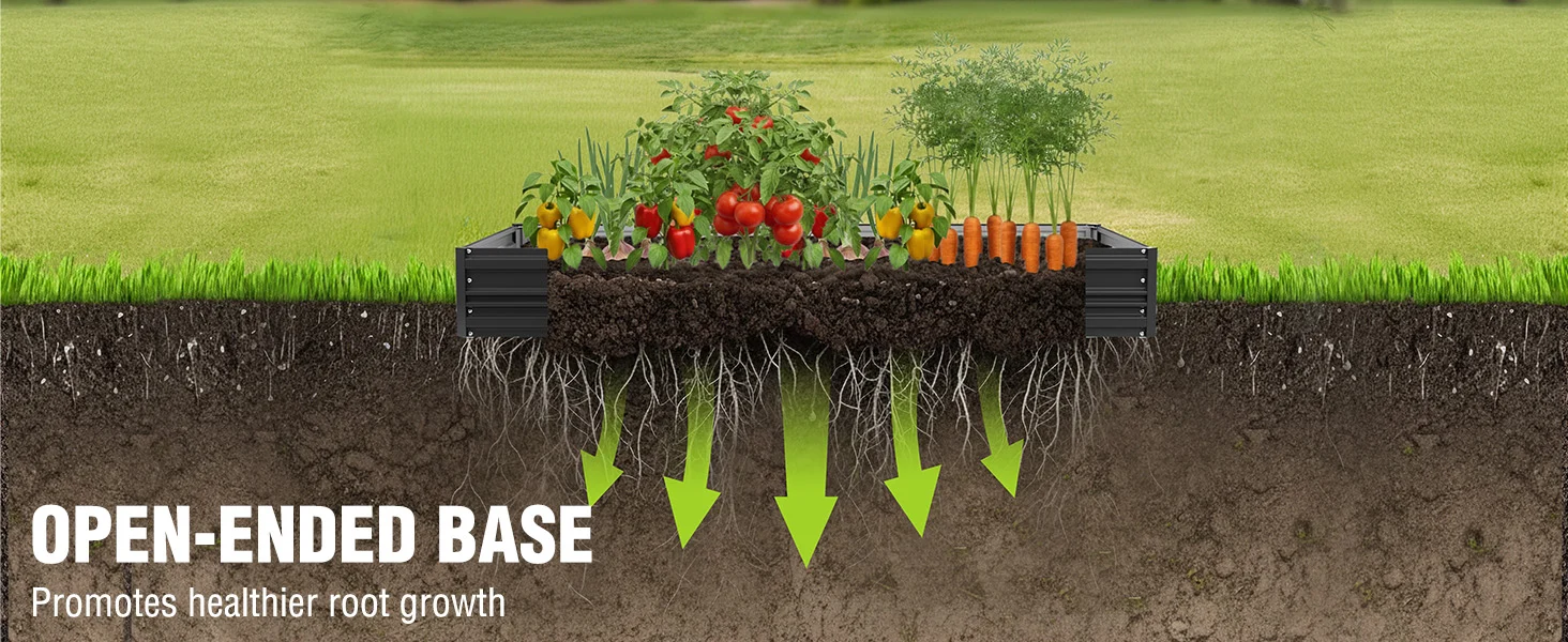 Garden soil system with open embedded base and green arrows showing roots growing in a grassy field