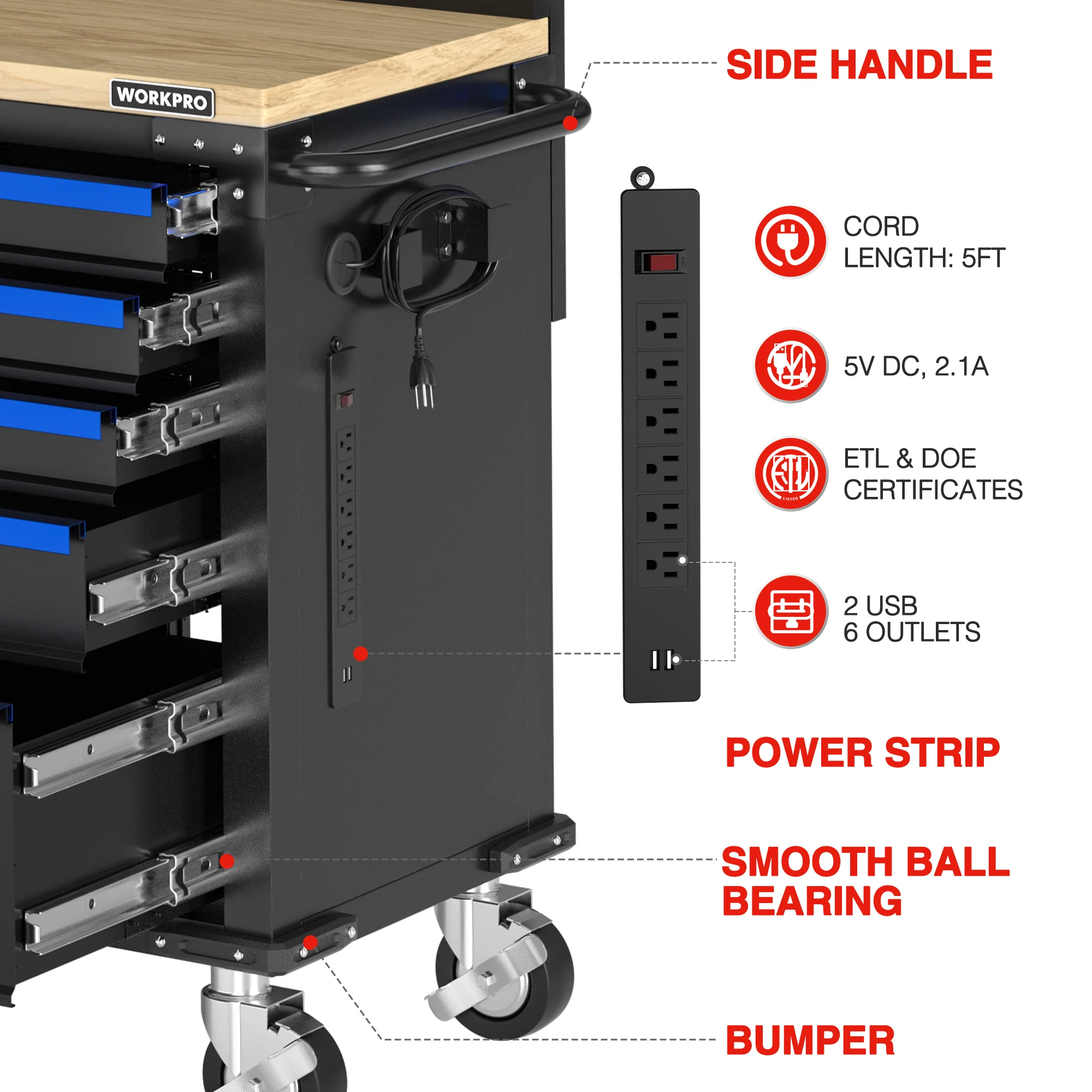 WORKPRO 52" x 20" Rolling Tool Chest with Pegboard, 5-Drawer & 1-Door - Image 5